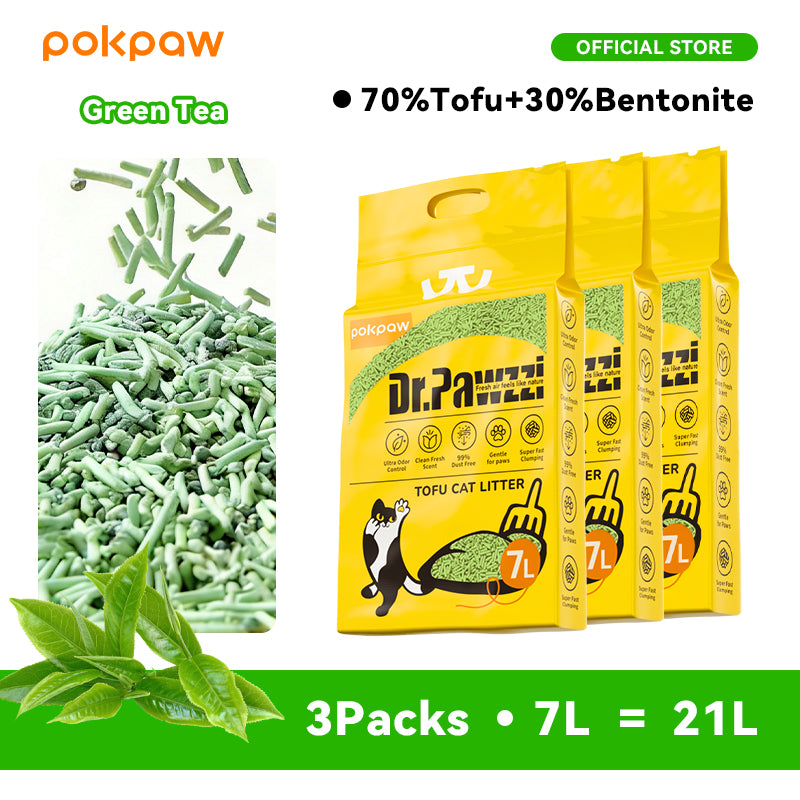3 Pack POKPAW Tofu Cat Litter – 7 Liters Natural Soybean Cat Litter for Odor Control
